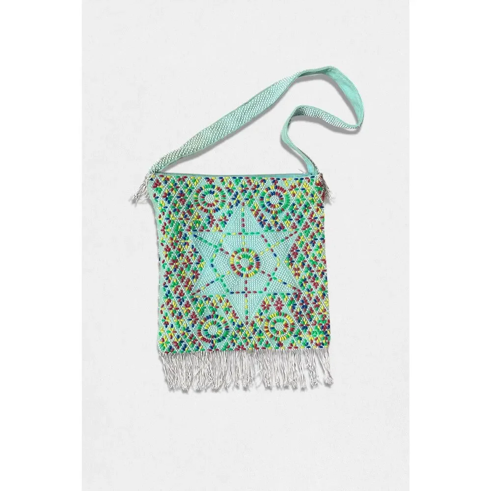 Vintage 60s Boho Star Embellished Fringe Bag Beaded CrossBody Retro Boho Tote